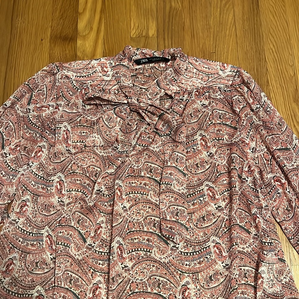 Zara Women's Blouse Pink Multicolor Paisley V-Neck Tie Long Sleeve Shirt Top S - Picture 3 of 12
